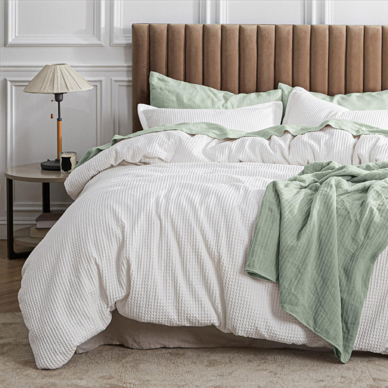 Bedsure 100% Cotton Waffle Comforter Set, California King Comforter + 2 King Shams, Snow White