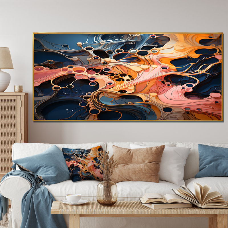 Encre rose et orange, vagues, mélodie - encre liquide, art mural abstrait, Cadre flottant doré, H 28 po x l 60 po x P 1,5 po