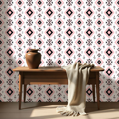 Peel and Stick Wallpaper Contact Paper Aztec geo Native design for fabric print Seamless fabric black pink Self Adhesive and Removable 24in x 118in(60x300cm)