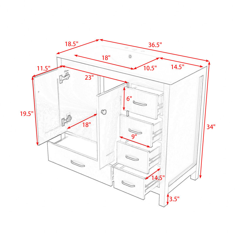 Ensemble de meuble-lavabo 36 po avec lavabo en céramique, 2 portes à fermeture douce et 5 tiroirs, Blanc