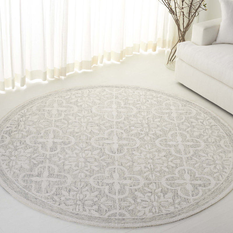 Tapis ivoire / gris touffeté à la main Damask, Rond 7 pi