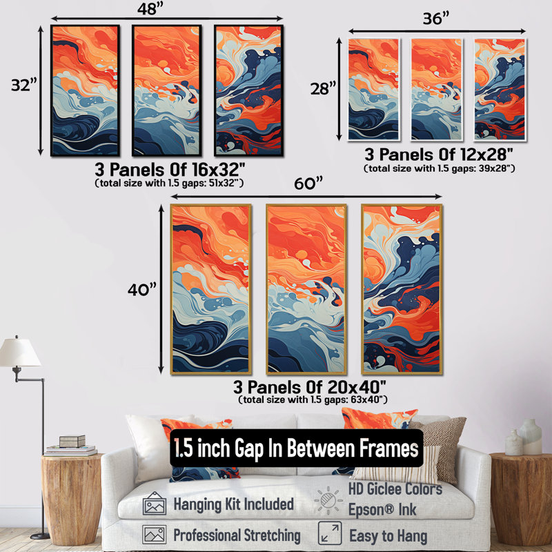 Encre liquide bleue et orange «Waves I» - art mural abstrait à encre liquide, Cadre flottant doré, H 32 po x l 48 po x P 1 po