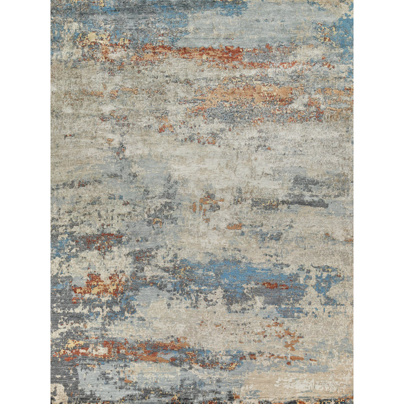 Laureno Abstract Hand-Knotted Synthetic Blue/Gray Area Rug, Rectangle 10' x 14'