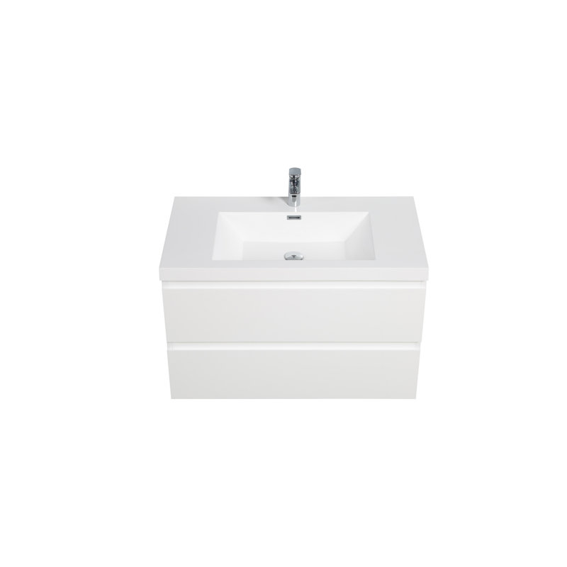Meuble-lavabo 36 po avec tiroirs à fermeture en douceur, lavabo moderne en résine blanc brillant et lavabo flottant Graceful Aesthétique