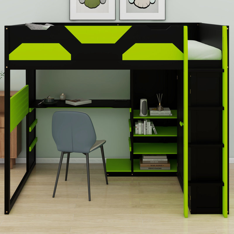 Lit mezzanine contemporain en bois avec bureau, garde-robe, tablettes de rangement, éclairage RVB et USB, Vert / noir