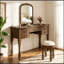 Coiffeuse de maquillage avec miroir à cadre floral courbé, 5 tiroirs et tabouret en cuir