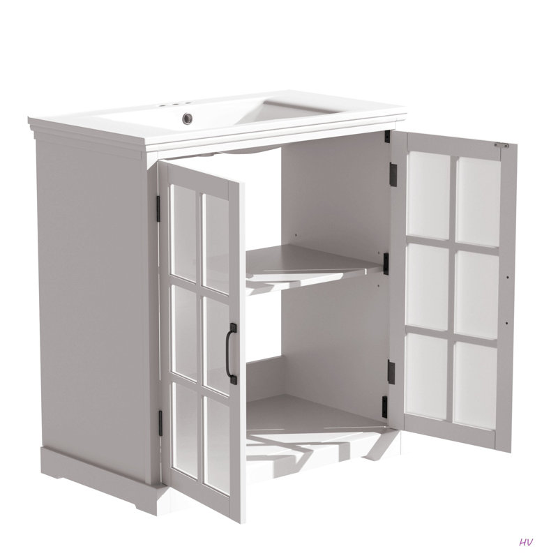 Meuble-lavabo moderne de 30 po avec lavabo en céramique, meuble-lavabo avec verre trempé et poignées, grand espace de rangement et structure en bois d'hévéa