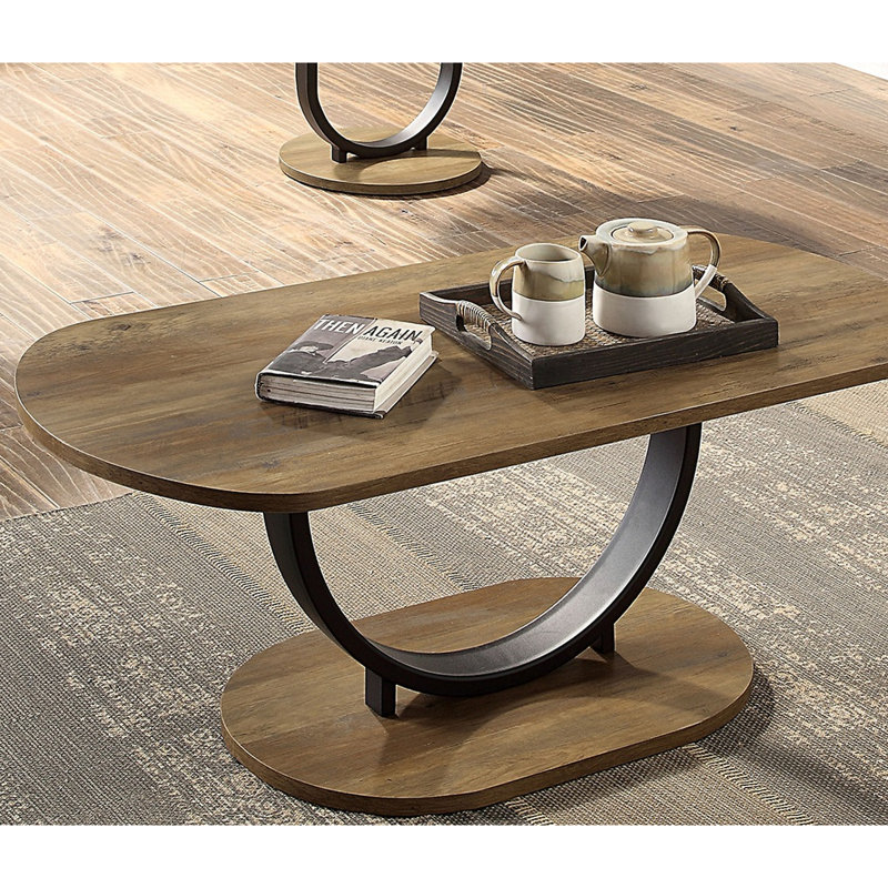 3 pièces de table basse industrielle avec plateau en bois de chêne rustique, base en acier en forme de U noir sable, 1 table ovale et 2 tables rondes en bois