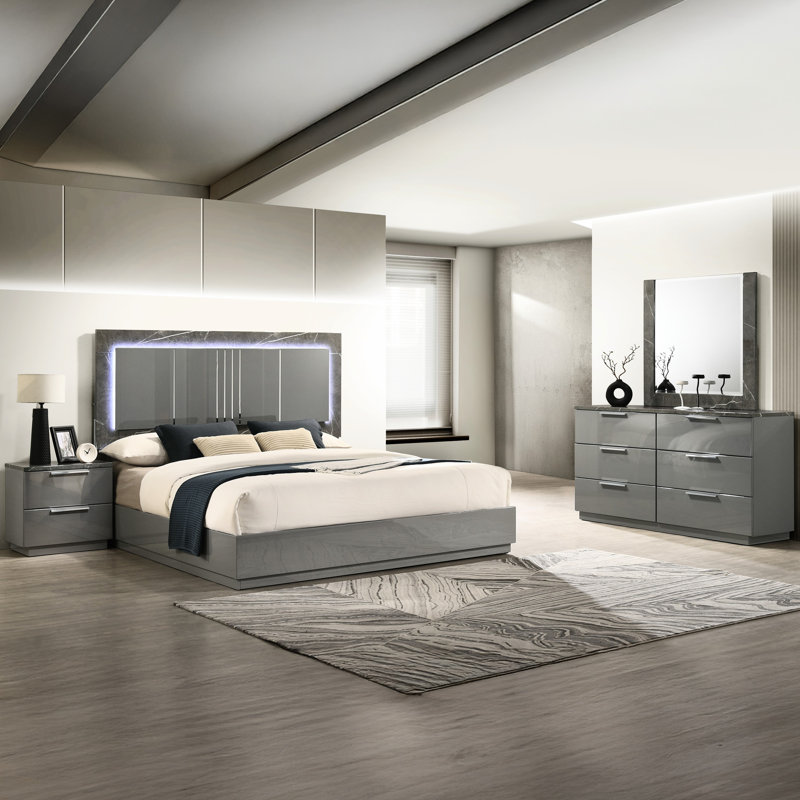 Structure de lit moderne gris grand lit, finition bicolore ultrabrillante en marbre et laque, éclairage à DEL sur la tête de lit, pieds en métal, structure en bois massif, sommier tapissier nécessaire pour un lit de taille de chambre à coucher, DEL intégrée