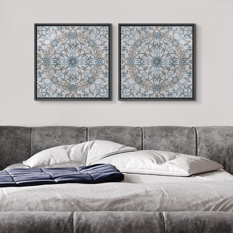 Classical Flowers " Blue Floral And Botanical Collage Abstract Flowers " 2 - Pieces, Black Floater Framed, 16" H x 16" W