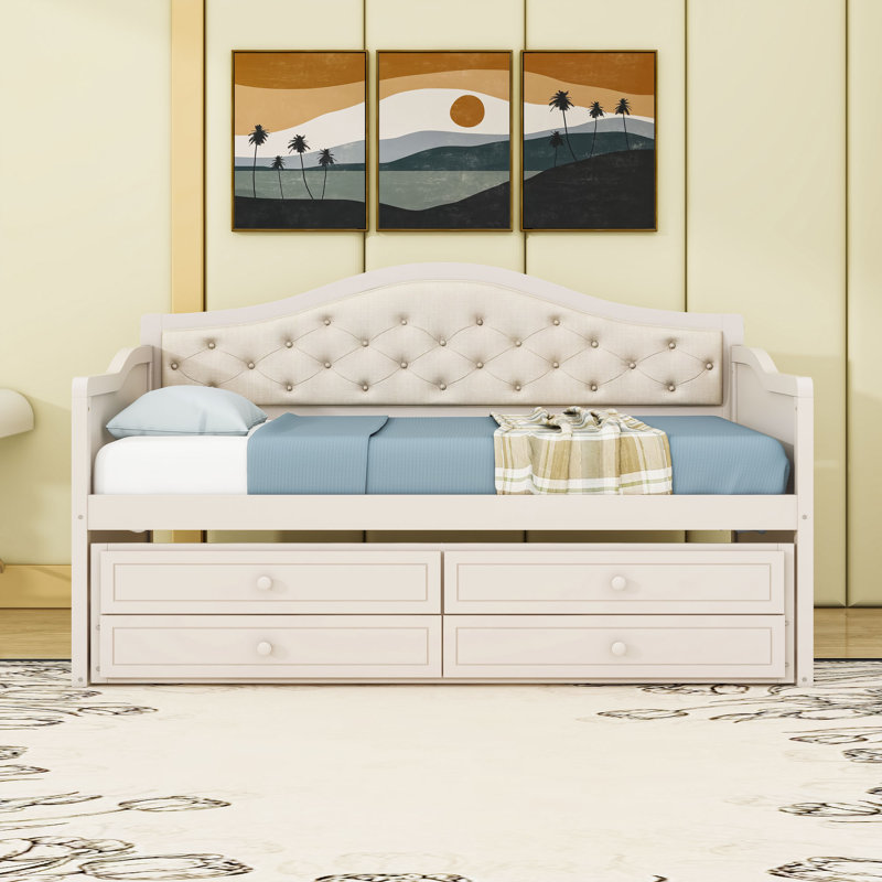 Lit de jour simple avec couchette simple et tiroirs de rangement, Beige