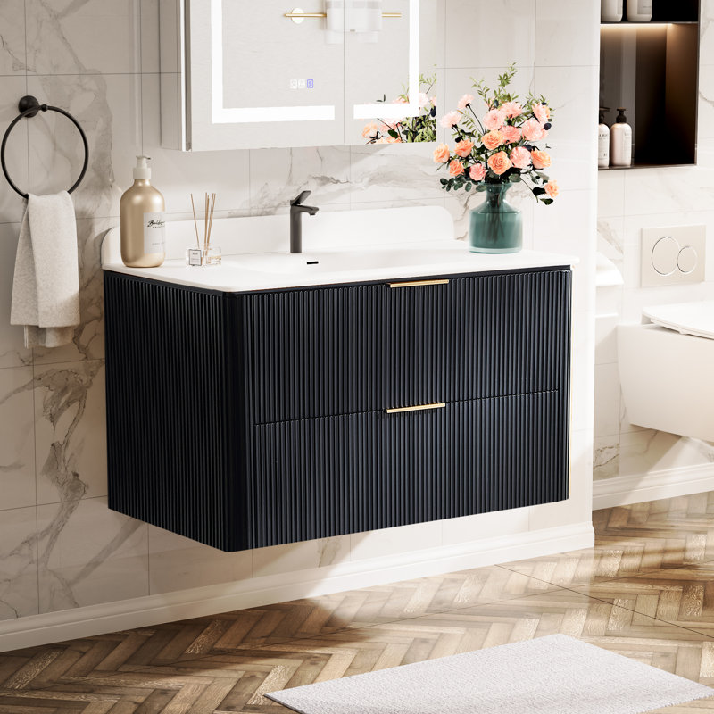 Meuble-lavabo mural noir 36 po avec armoire en bois massif et comptoir une pièce en acrylique 36 po, Noir, Doré, 36"
