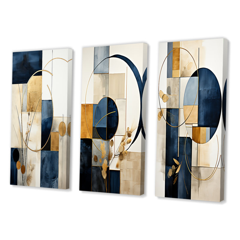 Navy Blue Geometric Wall Art, Modern 3-Piece Set - Organic Simplicity Minimal Geometry Navy Blue III, 32" H x 48" W