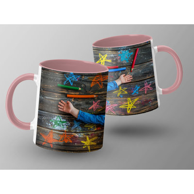 Kids Drawing Style 11oz Accent Mugs – Ceramic Coffee Cup with a Pink Handle and Interior