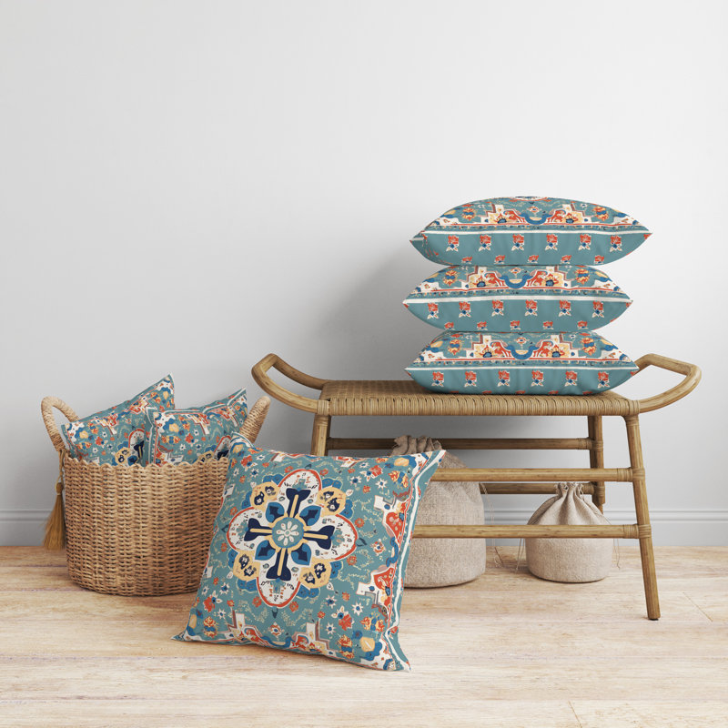 Royal Jaipur Bloom Intérieur/Extérieur 26x26, Carré 26 po, Bleu sarcelle / rouille