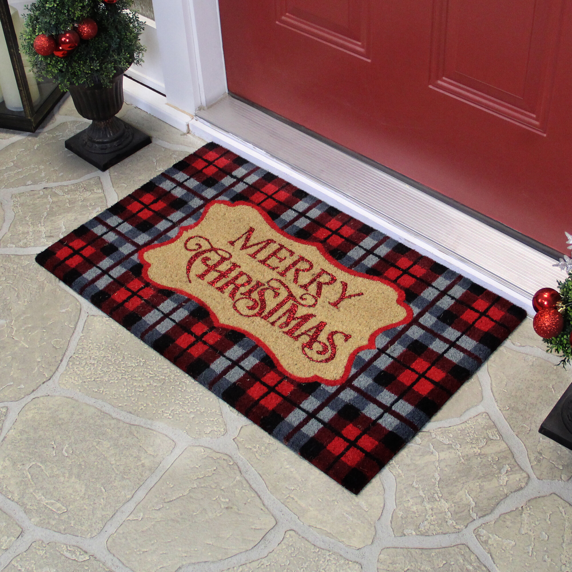 Merry Christmas Winter Red Black Plaid Front Door Mats Outdoor