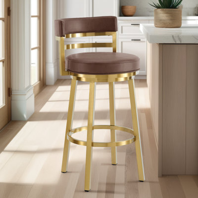 Deherrera Modern Swivel Counter or Bar Stool with Open Low Back and Footrest in Metal and Faux Leather