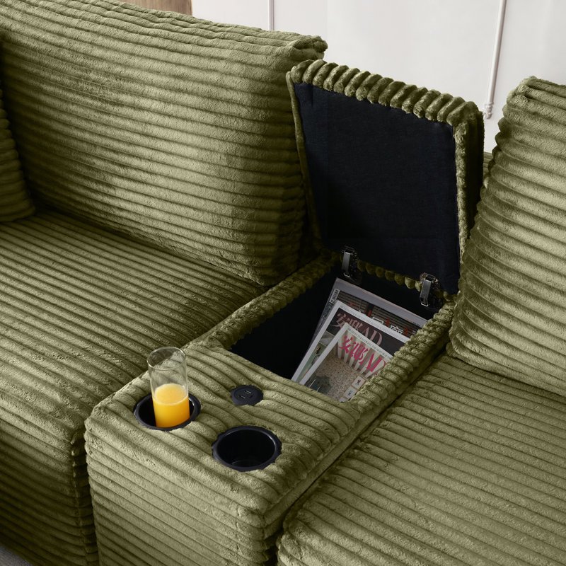 Canapé modulaire modulaire, canapé en nuage de velours côtelé à siège profond avec porte-gobelets, ports USB et boîte de rangement, canapé-lit, canapé sans dossier avec repose-pieds mobile pour le salon, aucun assemblage requis, vert