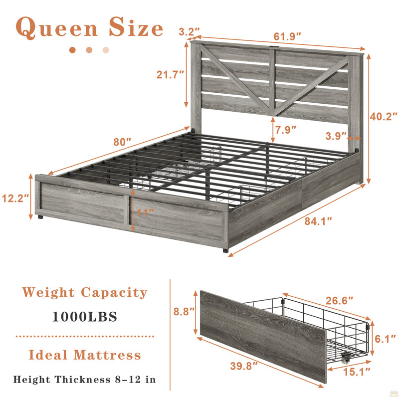 Base de lit grand avec rangement et tête de lit (4 tiroirs de rangement sur le corps du lit + éclairage DEL), Grand lit