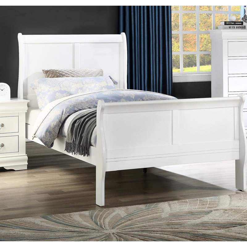 Lit simple pour chambre à coucher, bois massif blanc, style, pieds de support, anglais, aspect transitionnel, élément