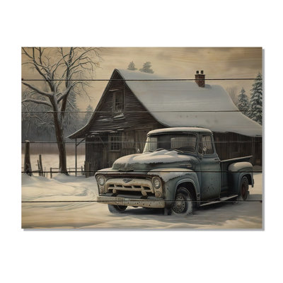 Vieux camion à la grange en hiver III - impression sans cadre sur bois