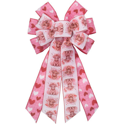 Grand nœud de couronne pour la Saint-Valentin - nœud de vache Highland rose avec ruban de cœur en tissu écossais, décoration d'arbre décoratif