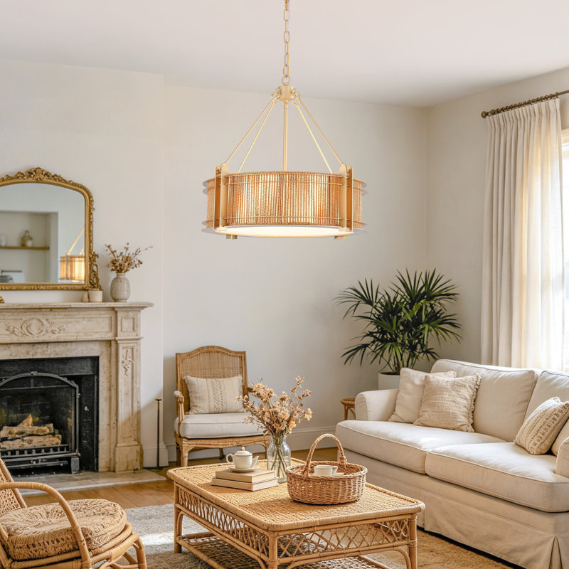 20.5" Woven Rattan Modern Drum Chandelier, Gold with Rattan