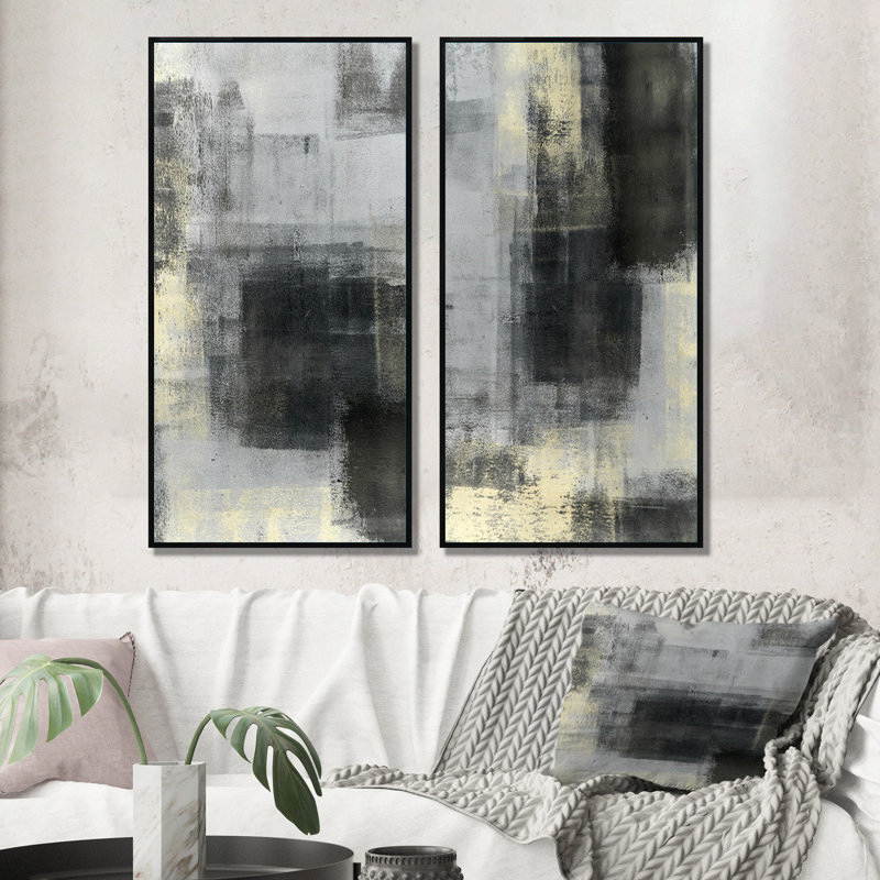 «Gray and Beige Modern Art», ensemble de 2 peintures sur toiles, H 20 po x l 24 po x P 1 po, Cadre flottant noir