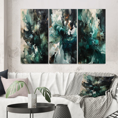 Art mural vert et blanc marbré III - art abstrait géométrique, ensemble de 3