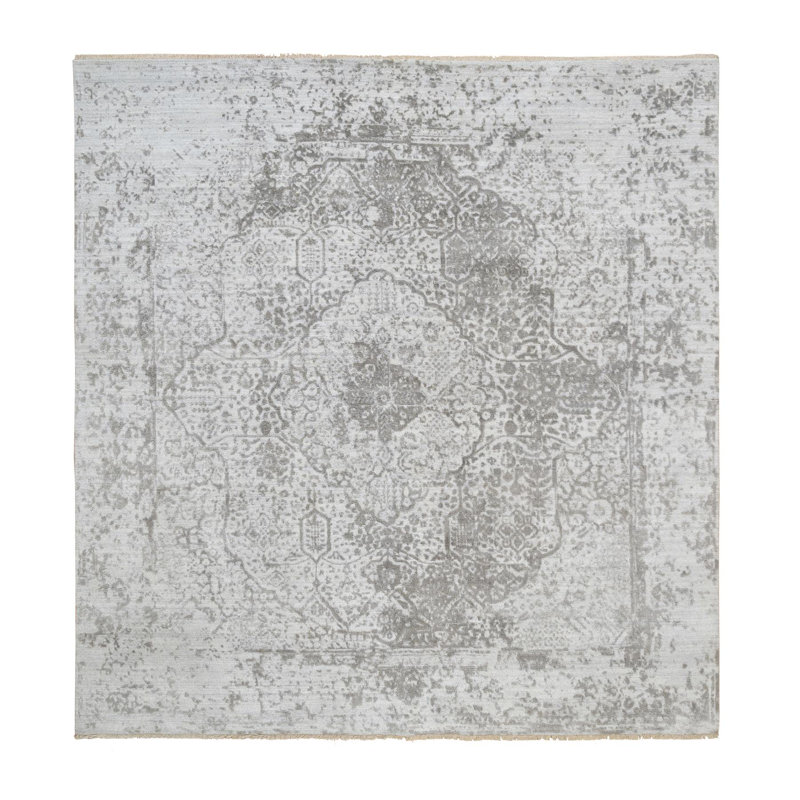 Tapis oriental carré gris en laine nouée à la main et en soie pure 8 pi 3 po x 8 pi 3 po F871FBA9AE444122AD43F913E527E20D