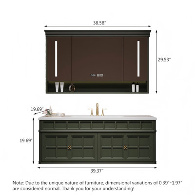Meuble-lavabo en bois d'hévéa massif vert forêt avec lavabo intégré en céramique et armoire à pharmacie intelligente
