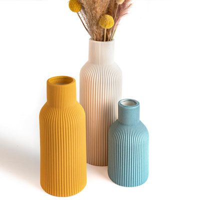 Colorful Ceramic Vase Set Of 3 - Handcrafted Farmhouse Decor For Home, Office, And Weddings (Blue/Yellow)