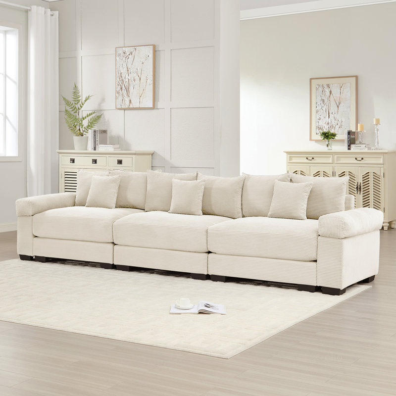 Canapé modulaire surdimensionné de 130 po en forme de nuage, canapé 3 places en velours côtelé haut de gamme, accoudoirs très épais, coussin ergonomique, conception ergonomique, assemblage facile, idéal pour les salons, crème