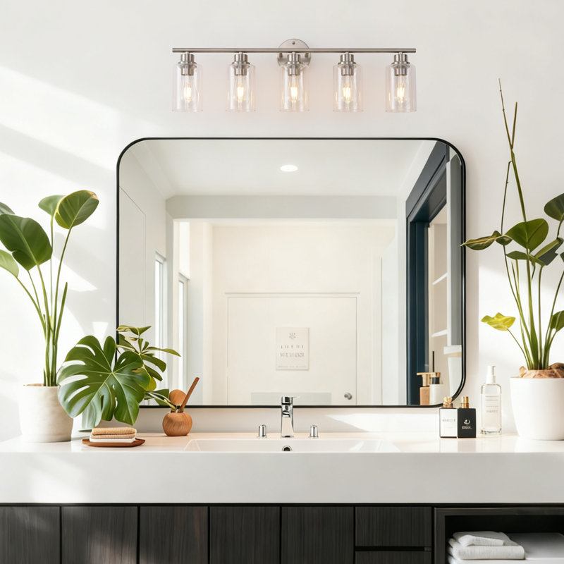 5-Light Bathroom Light Fixtures, Nickel Modern Vanity Lights Over Mirror With Clear Glass Shade, Bathroom Wall Lamp For Mirror Kitchen Hallway Cabinet Porch Reading Room