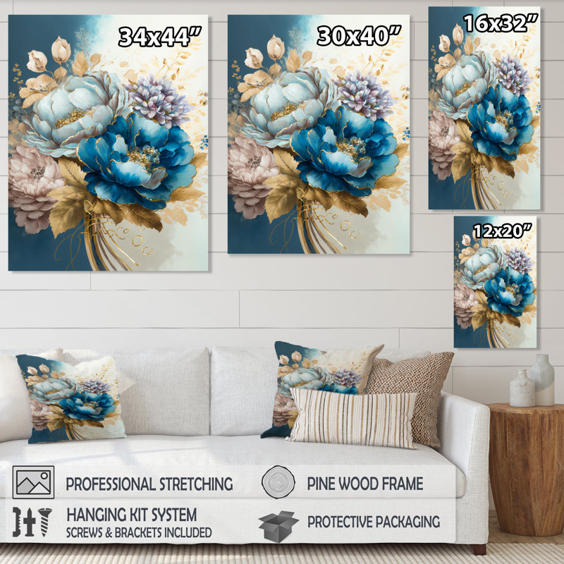 «Bladwell Golden Blue Flower Arrangement IV», reproduction sur toile, H 44 po x l 34 po x P 1,5 po, Toile tendue