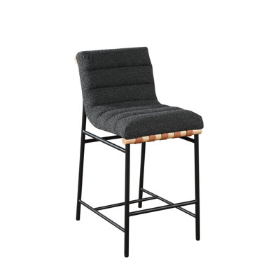 Chaise à hauteur de comptoir - Boucle gris foncé avec pieds en fer noir revêtu de cuir cognac