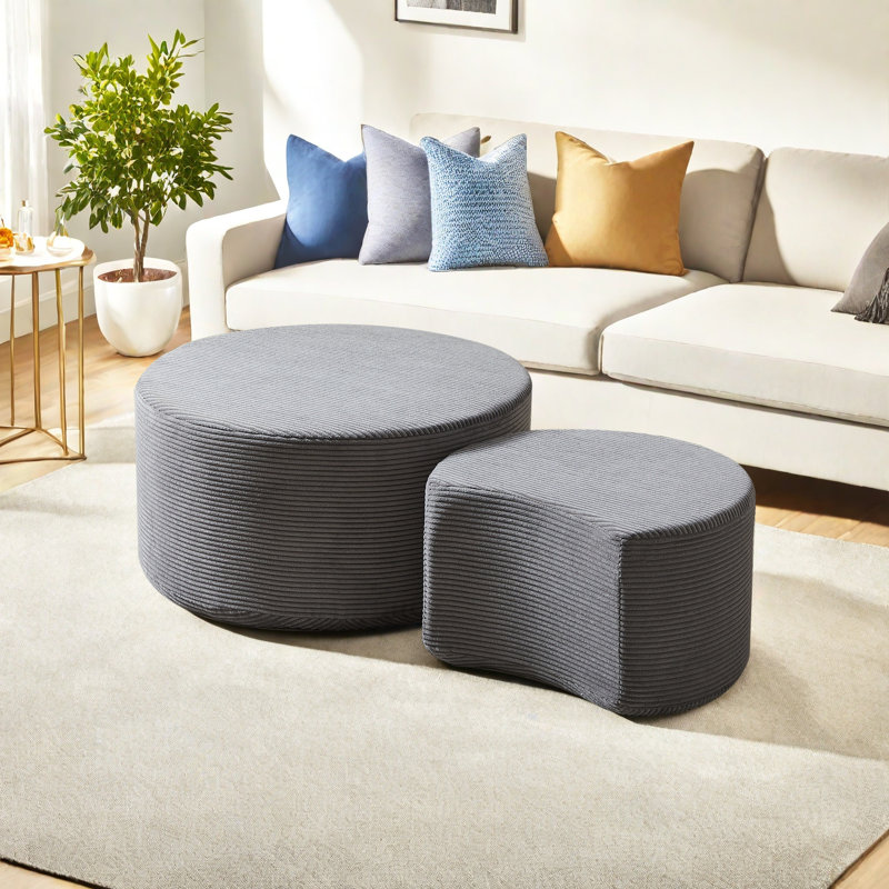 Nesting Coffee Table Set Of 2,Upholstered Round Coffee Tables Set Of 2 For Living Room, Modern Foam Round Coffee Table Side Table End Table Ottoman, No Assembly