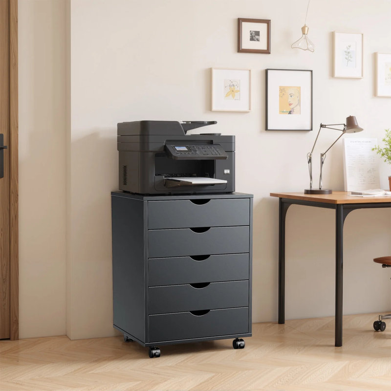 Petite commode en bois à 5 tiroirs avec armoires de rangement et roulettes, Noir, noir, noir, noir