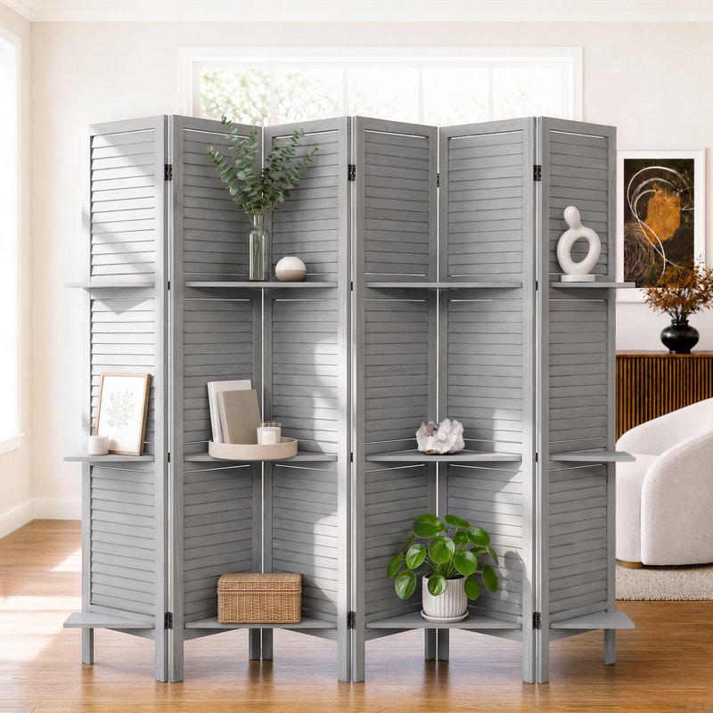 Paravent double face avec tablettes pour la séparation des pièces, 6, L 95 po x H 67 po, gris