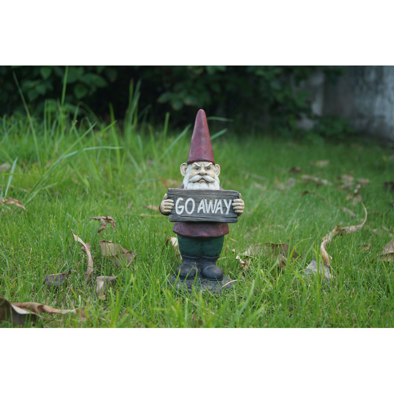 Red and Green Polyresin Gnome Garden Statue with Go Away Sign