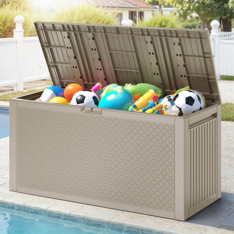 Motif de labyrinthe de terrasse en résine 90GAL pour l'extérieur, meubles de rangement pour jouets de jardin pour le jardin, table de banc de rangement MAX 485LBS pour porche
