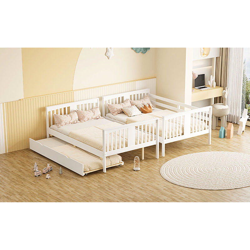 Lit superposé double blanc avec lit gigogne - fonctionnel, pieds en pin, séparable en deux lits, sans sommier