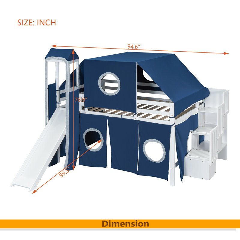 Lit mezzanine double avec tente et tour, Bleu
