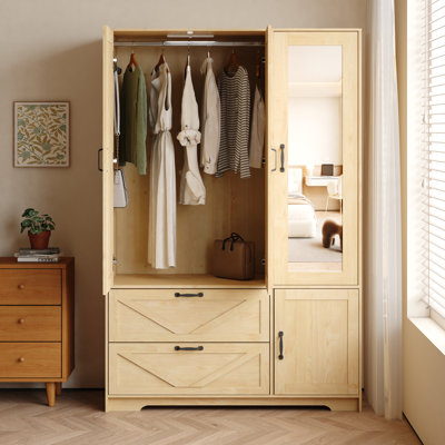 Armoire 4 portes avec miroir, armoire à DEL avec portes et 2 tiroirs, armoire de rangement en bois avec tringle, tablettes réglables, naturel