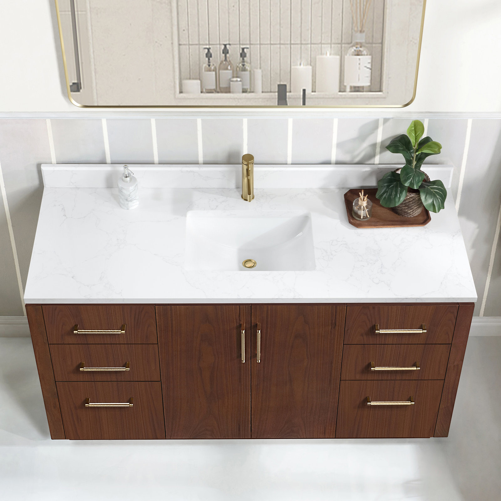 Cloverfield 60'' Single Bathroom Vanity, Natural Walnut, Gold
