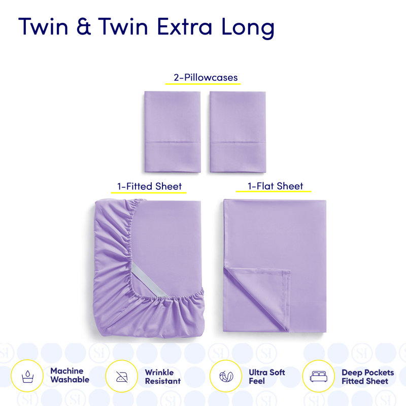 Ensemble de draps luxueux en microfibre douce avec taies d'oreiller en prime, Lavande