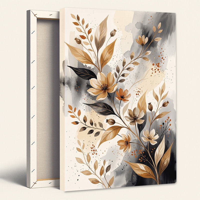 Tableau mural sur toile à motifs de branches florales beiges et noires avec dégradé de gris abstrait, H 24 po x l 18 po