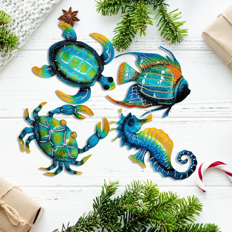 Ensemble de 4 décorations murales d'extérieur en métal, tortue bleue, crabe et hippocampe convenant à la piscine