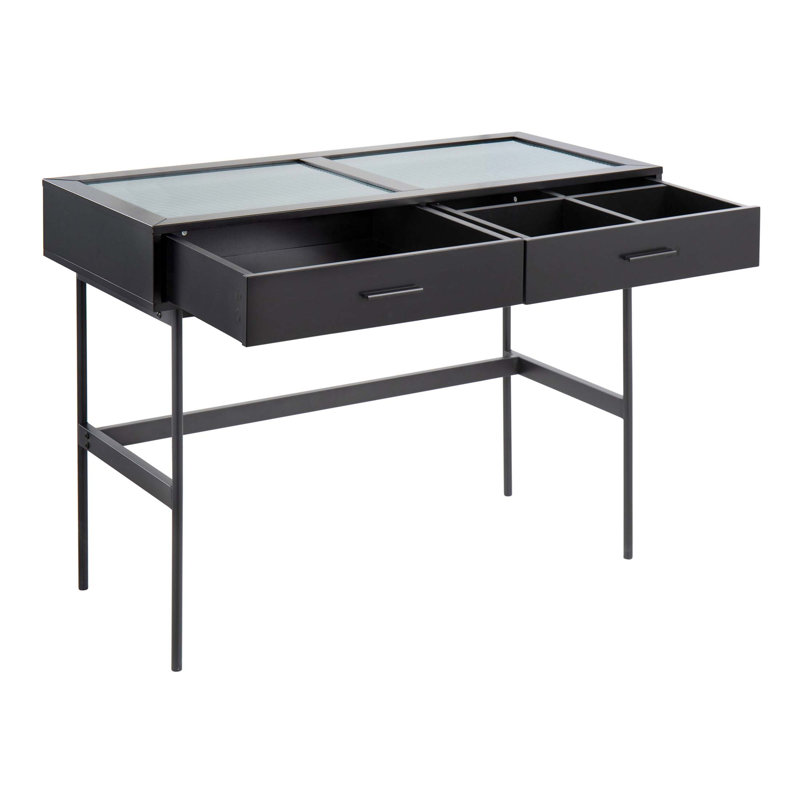Console contemporaine avec plateau en verre trempé, structure en métal élégant et deux tiroirs pour le rangement, pour les intérieurs modernes