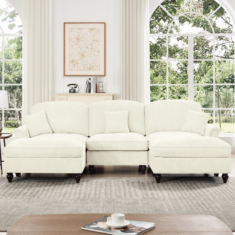 Chenille, canapé modulaire en U à 3 places, dossier rembourré incurvé, pieds fuselés, jupes de plis à volants amovibles, soutien doux, divers agencements blanc beige, confortable, tissu chenille avec fils argentés,